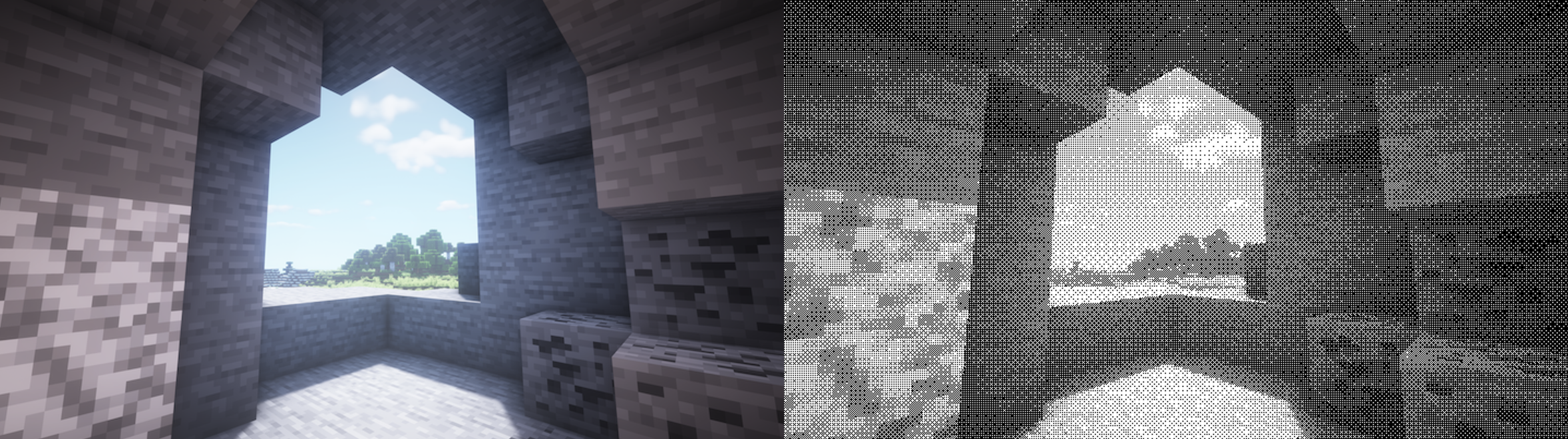 A screenshot of the video game Minecraft, showing a cave and its dithered form