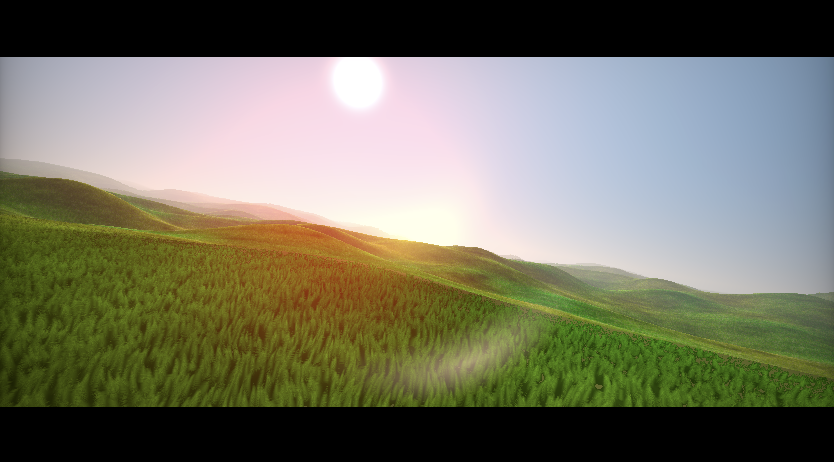 A rendered image of rolling hills, showing a large grass field.